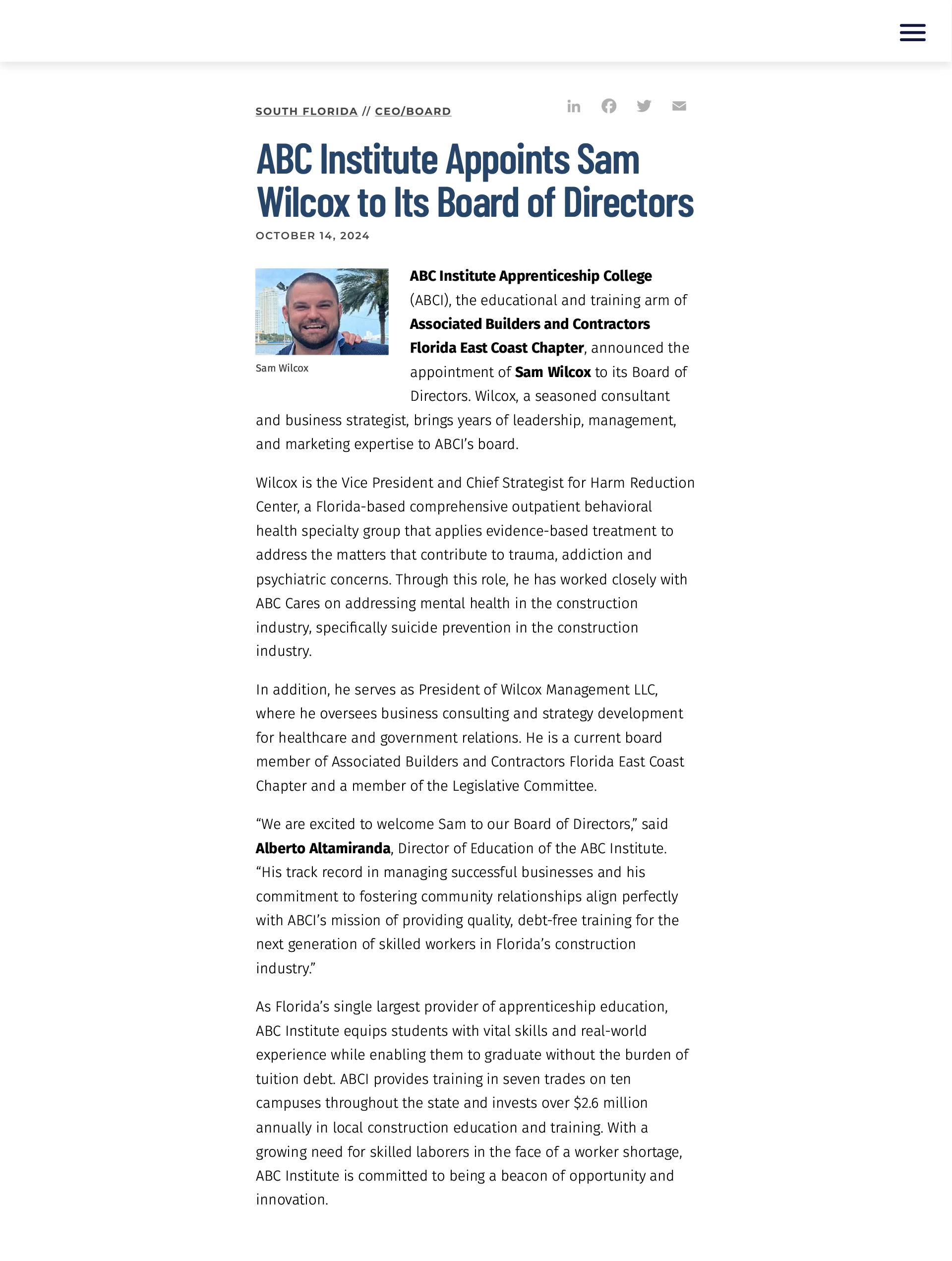 10 14 2004 ABC Institute Appoints Sam Wilcox to Its Board of Directors citybiz 1